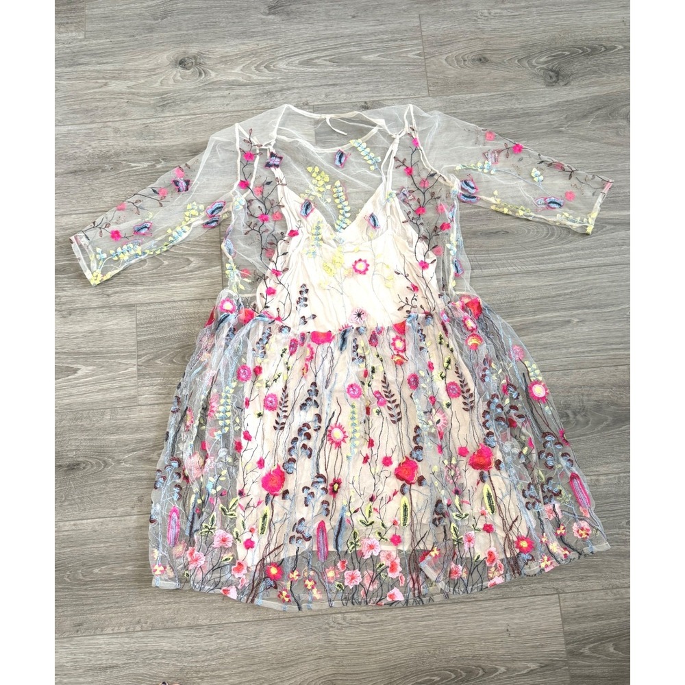 Free People Floral Embroidered Mini Dress XS Oversized Tulle Sheer Festival Boho - Picture 4 of 12